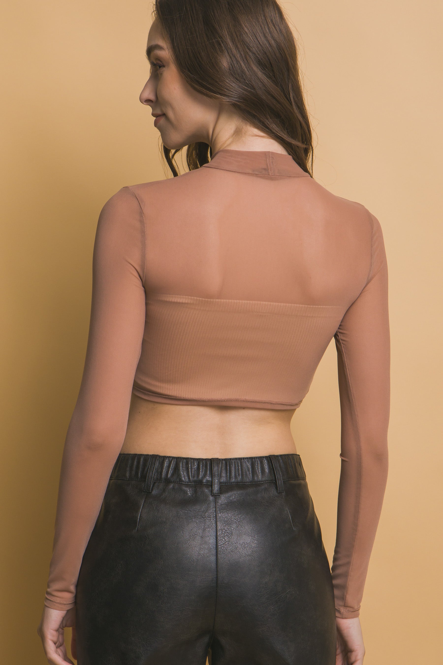 Top Crop de Malla Manga Larga con Cuello Alto