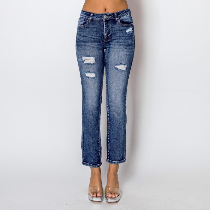 Jeans recto azul oscuro con roturas para mujer