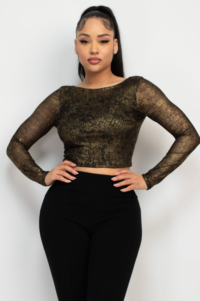Crop top manga larga con brillo metálico