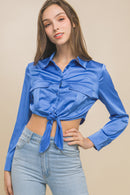 Blusa Satinada de Manga Larga con Nudo Frontal