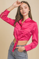 Blusa Satinada de Manga Larga con Nudo Frontal