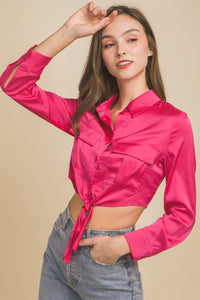 Blusa Satinada de Manga Larga con Nudo Frontal