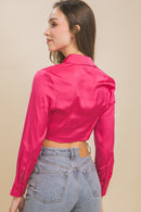 Blusa Satinada de Manga Larga con Nudo Frontal