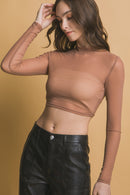 Top Crop de Malla Manga Larga con Cuello Alto