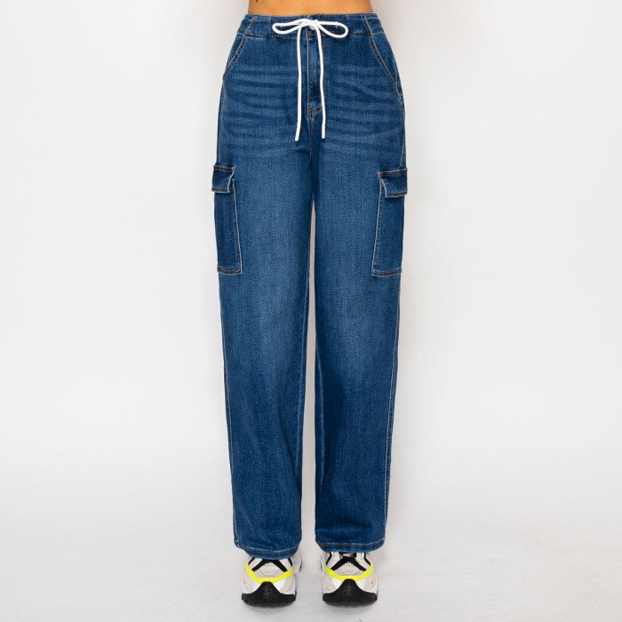 Pantalón cargo de mezclilla azul para mujer con cordón