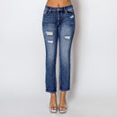 Jeans recto azul oscuro con roturas para mujer