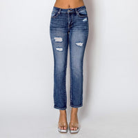 Jeans recto azul oscuro con roturas para mujer