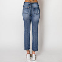 Jeans recto azul oscuro con roturas para mujer