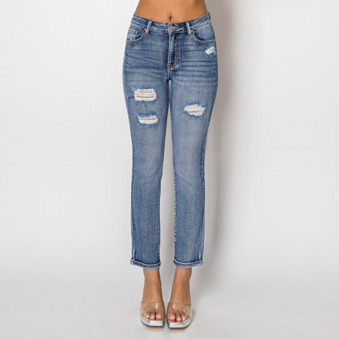 Jeans recto azul oscuro con roturas para mujer