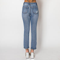 Jeans recto azul oscuro con roturas para mujer