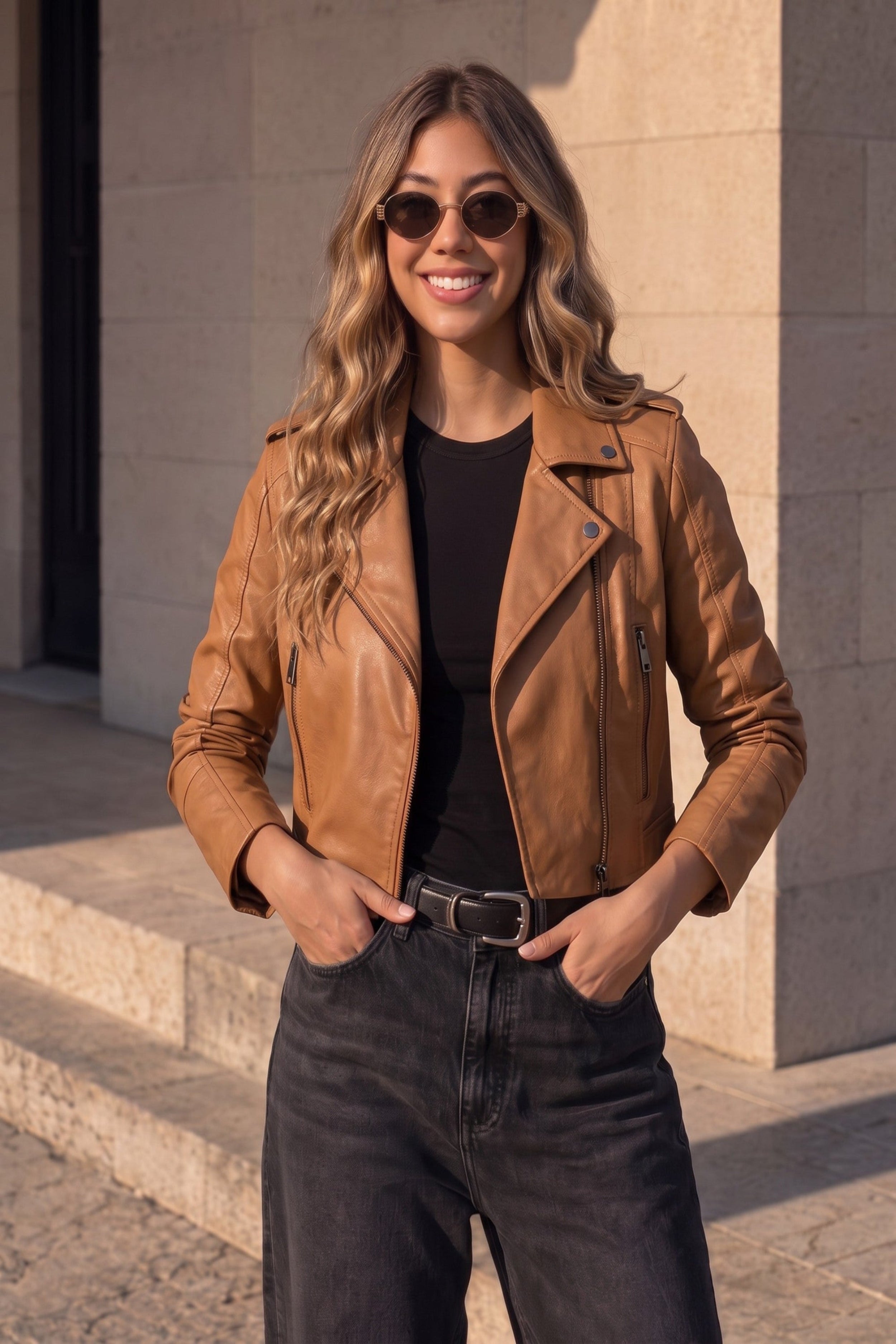 Chamarra biker corta color camel