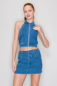 Top halter denim con cierre