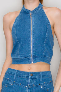 Top halter denim con cierre