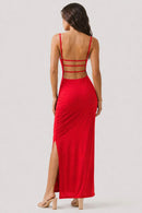 Vestido largo satinado de tirantes con escote drapeado
