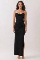 Vestido largo satinado de tirantes con escote drapeado