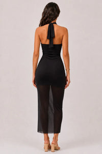 Vestido midi halter con drapeado y abertura lateral