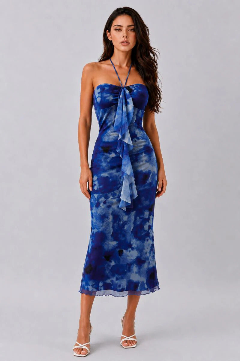 Vestido midi estampado con detalle de pañuelo al frente