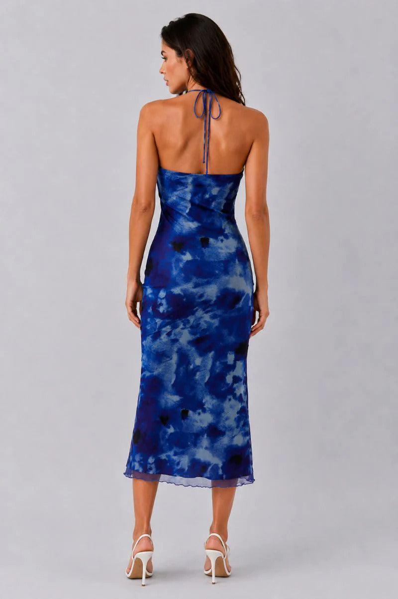 Vestido midi estampado con detalle de pañuelo al frente