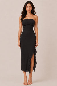 Vestido midi strapless con olanes asimétricos