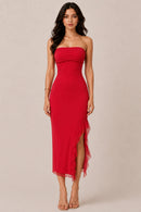 Vestido midi strapless con olanes asimétricos
