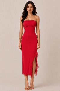 Vestido midi strapless con olanes asimétricos