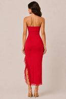 Vestido midi strapless con olanes asimétricos