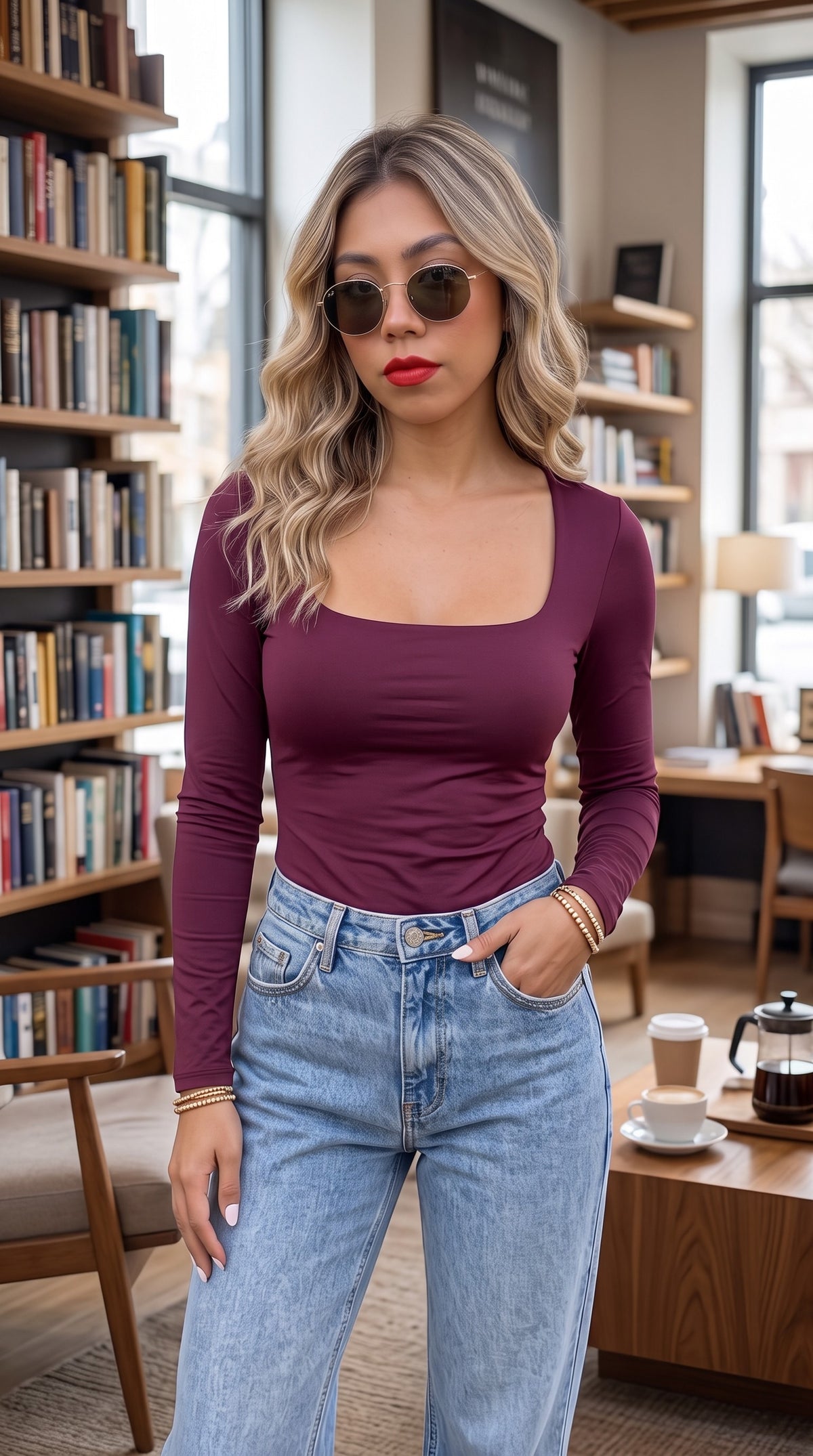 Blusa cuello cuadrado manga larga