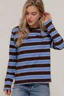 Blusa ivory con rayas café manga larga